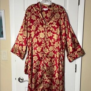 Natori Classics VTG floral caftan satin robe red gold full zip side pockets Med